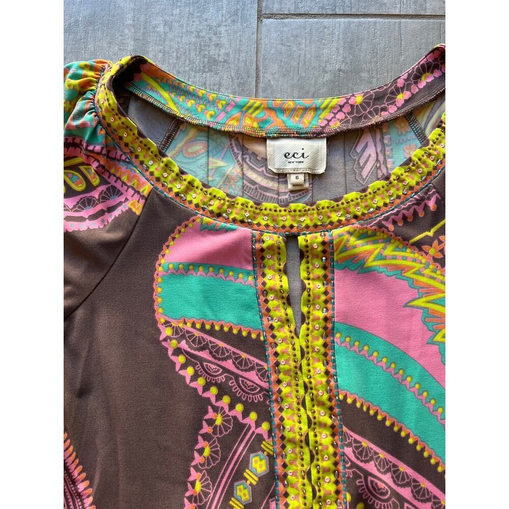 ECI NEW YORK Short Sleeve Boho Printed Sheath Dress Stretch Party Vacation 6 - Picture 6 of 9